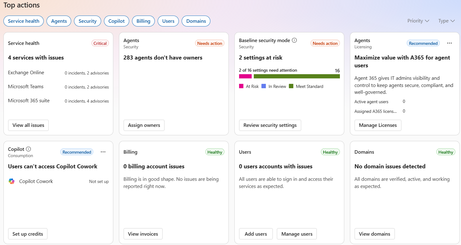 Microsoft 365 admin dashboard with service health, security baseline and top actions