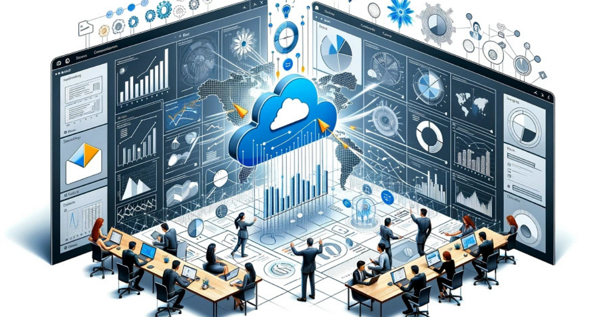 Business technology team working with cloud platforms, analytics dashboards and connected business operations